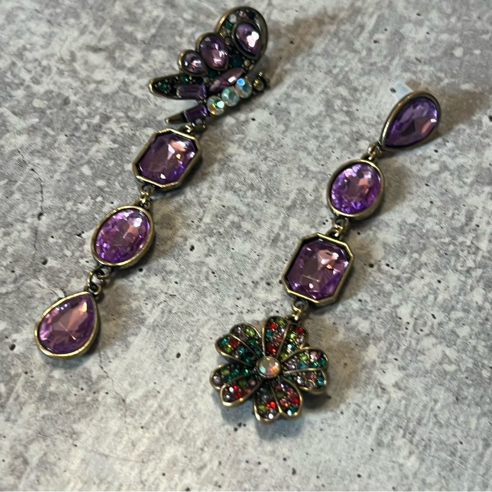 Butterfly dangle drop earrings purple floral design NWT